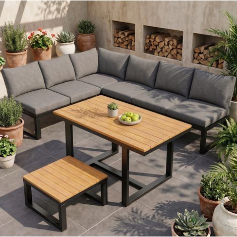 Salon de jardin modulable 6 pièces gris, dossiers réglables, 2 canapés 2 places, 2 fauteuils, table et table basse
