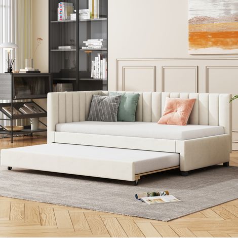 Sofá cama nido (209.5x97x71 cm), con cama extraíble, tapizado, terciopelo beige (1/5)