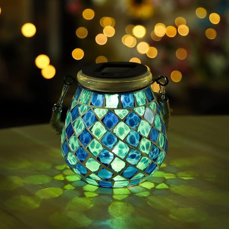 Lanternes solaires en mosaïque - Étanche - Lampes solaires suspendues - Lampes de table décoratives pour jardin, cour, véranda, terrasse, pelouse, fête, herbe (bleu) (1/5)