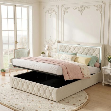 Lit coffre double 140x190 cm, Lit Adulte en Velours Beige - Tête de Lit Décoration Diamant - Sommier Inclus, Scandinave