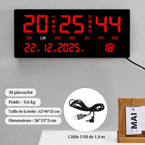 Horloge Numérique LED Grand Écran Caractères Rouges 36x15x3 cm Réveil Calendrier Poser Murale – 36 × 3 × 15 cm – Livraison gratuite