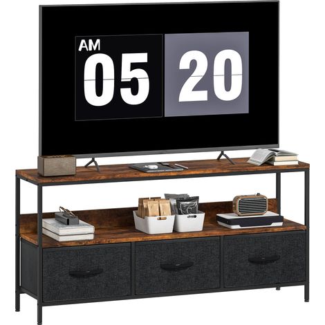 Meuble TV, adapté aux téléviseurs de 55 pouces et moins, avec 3 tiroirs et pieds en acier, mesurant 120 x 29 x 56 cm, marron vintage.