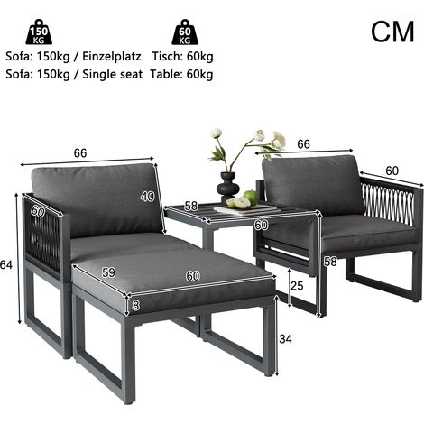 ELVMI Gartenlounge Set mit 2 Sesseln und 2 Hockern, Verstellbare Ablage, Metall und Stoff, Grau (1/4)