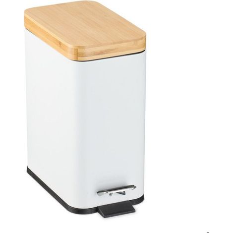 Poubelle Salle De Bain - 5 L - Métal Et Bambou - Couvercle Silencieux - Seau Amovible - Blanc (1/5)