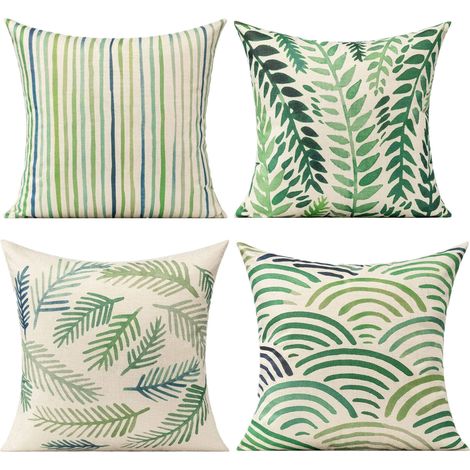 Lot de 4 Housses de Coussin carrées en Coton et Lin avec Motif Feuilles de Palmier Tropicales Vertes pour canapé, terrasse, canapé - 40,6 x 40,6 cm (1/5)