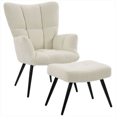 Fauteuil de salon beige en peluche teddy avec repose-pieds et poches latérales, style capitonné moderne (1/5)