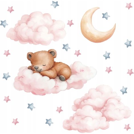 Adesivi murali con orsacchiotto, nuvole, luna e stelle per cameretta bambini, 80x60 cm (1/4)