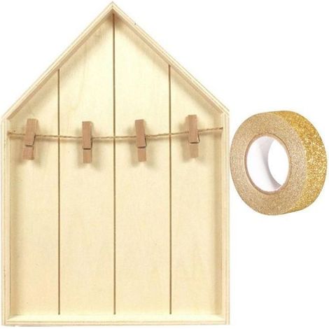 Etagère maison bois avec pinces à linge 19 x 28 cm + masking tape doré à paillettes 5 m