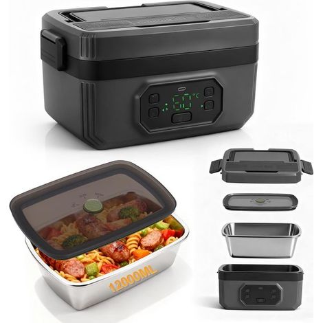 Fiambrera eléctrica con calefacción de 1,2 L y batería de 21000 mAh. Contenedor térmico USB y calentamiento automático. Recipiente in,1,2 L,acero (1/5)
