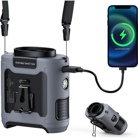 10000 mAh tragbarer Taillen-Clip-on-Lüfter, Nacken-Schreibtisch, freihändiger tragbarer Gürtel, wiederaufladbarer persönlicher Lüfter mit 5-Gang-Taschenlampe, hält 40 Stunden für Outdoor-Camping, Büro