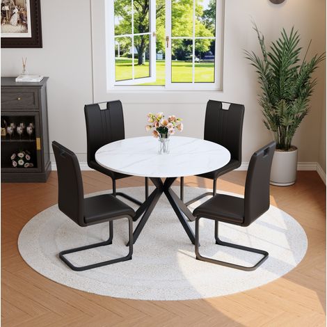 MEUBLIV ensemble repas rond blanc effet marbre – table et 2 chaises noires (1/5)