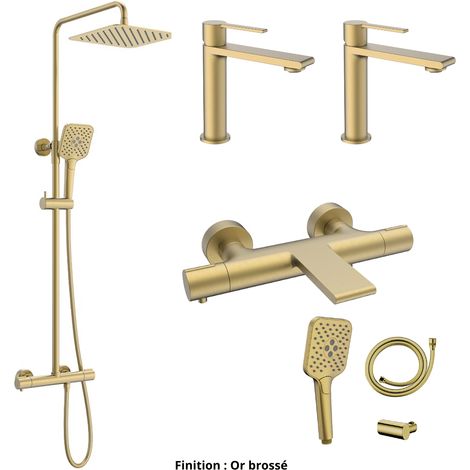 Ensemble 2 Mitigeurs lavabo + Colonne de douche + Mitigeur Bain + Support douchette flexible Couleur Or brossé (1/5)