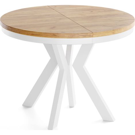 Runder Esstisch Ausziehbar 80-130 cm – Verlängerbar, für 4-6 Personen mit Weißen Holzbeinen & Metallring – Wohnzimmertisch in Eiche Braun