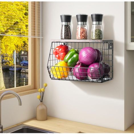 Panier de Fruits et Légumes Mural Empilable, Bac à Fruits Etagère Range Légumes Cuisine, Corbeille Rangement Métal, Noir (1/3)