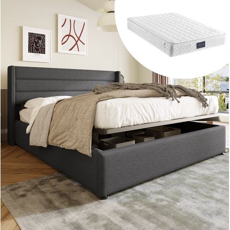 Leinen-Polsterbett 140x200 cm Grau mit hydraulischem Bettkasten und Matratze – MEUBLIV (1/5)