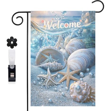 Drapeau de jardin 30 x 45 cm motif étoiles de mer coquillages et perles toile double face pour extérieur (1/5)
