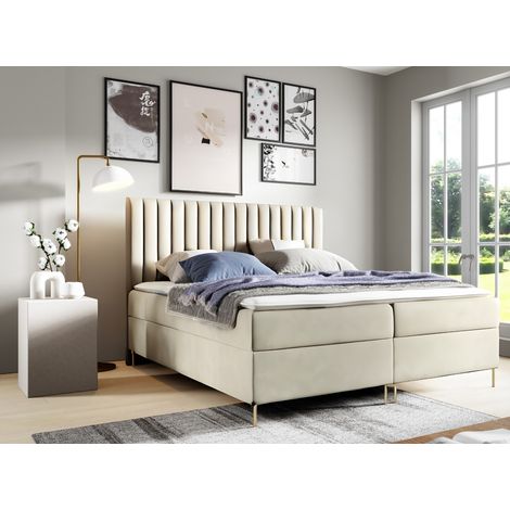 Sofello Boxspringbett JILL 200 x 200cm mit Bettkasten TOPPER 5cm Gratis Beige Velour hohe goldene Beine (1/5)