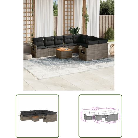 The Living Store 10-tlg. Garten-Sofagarnitur mit Kissen Grau Poly Rattan - Gartenmöbel Set - PE-Rattan Möbel - Outdoor Lounge - Esszimmergarnitur - Balkonmöbel (1/3)