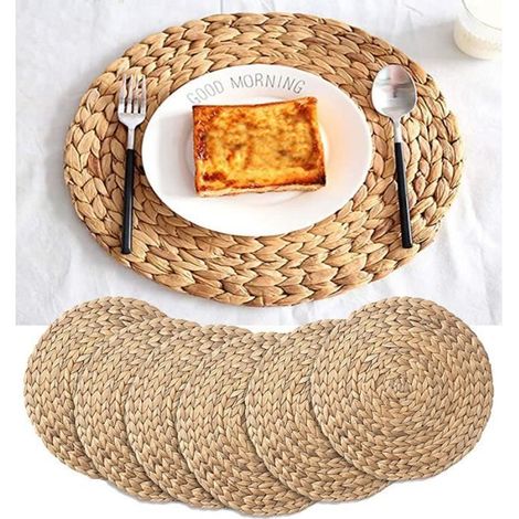 Sets de table ronds en rotin, Sets de table en jacinthe d'eau naturels tissés à la main, résistants à la chaleur,30cm- pack de 6, (1/4)