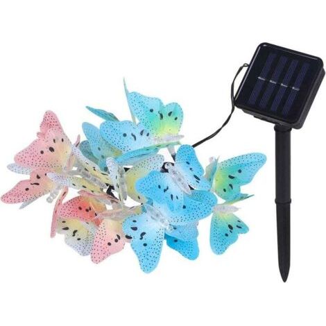 Guirlande lumineuse solaire en forme de papillon à 20 LED, 4,8 mètres de long, multicolore, étanche, adaptée aux fêtes en extérieur (20 lumières LED). (1/4)