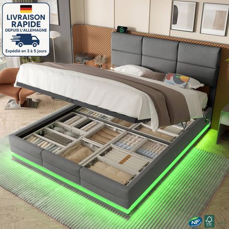 MODFU - Cama para adultos, canapé abatible, terciopelo, cabecero regulable, iluminación LED ambiental, puerto USB/Tipo C, compartimento de almacenamiento con elevación hidráulica (colchón no incluido)
