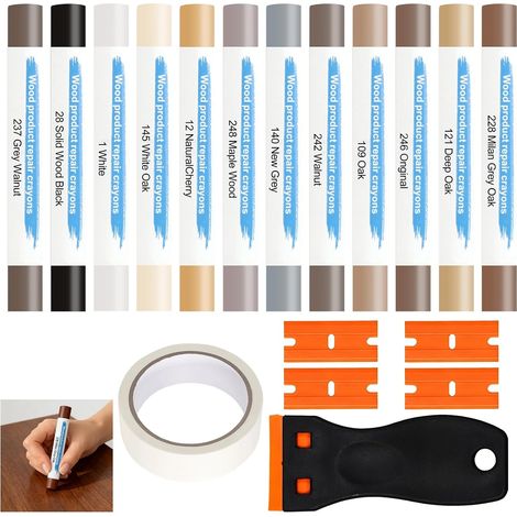 Pate a Bois Rebouchage, Kit de Réparation Parquet 12 Couleurs, Kit Reparation Carrelage avec Spatule et Ruban de Masquage pour Sol Stratifié/Vinyle et Meubles en Bois, Répare Rayures Fissures Trous (1/5)