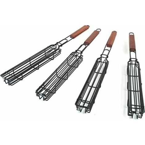 4er-Pack BBQ-Grillkörbe mit verschließbarem, langem Holzgriff – antihaftbeschichtete BBQ-Grillkörbe aus Edelstahl für Grillgut, Fisch, Gemüse, Würstchen, Zwiebeln
