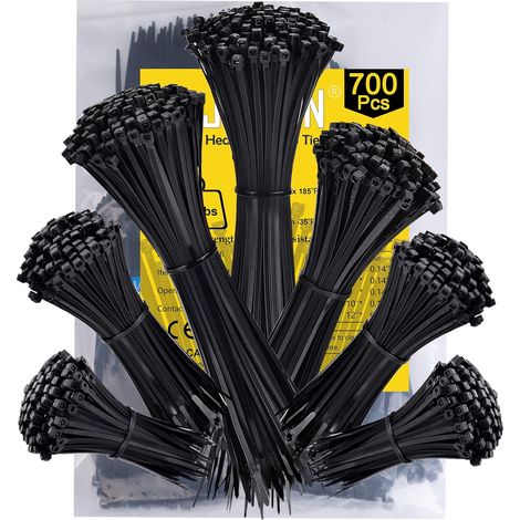 700 Stück Kabelbinder aus Kunststoff, sortiert, schwarz, Rilsan-Kabelbinder (100/150/200/250/300 mm x 3,6 mm), Kabelklemmen aus Kunststoff, Nylon-Kabelbinder, Kabelbinder für das Kabelmanagement im Ha (1/5)