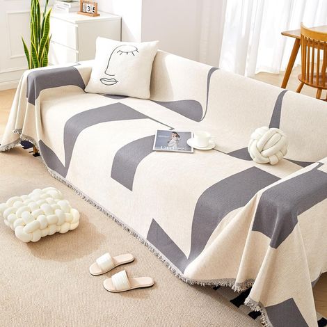 Housse de canapé d'angle, housse de canapé bohème pour chiens et enfants, protection de canapé lavable en chenille avec pompons, adaptée aux animaux de compagnie et aux enfants (1/5)