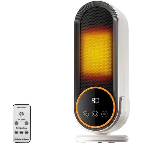 Radiateur soufflant céramique PTC 1200W, 2 niveaux, minuterie 30/60/90min, sécurité anti-bascule/surchauffe, blanc orangé (1/5)
