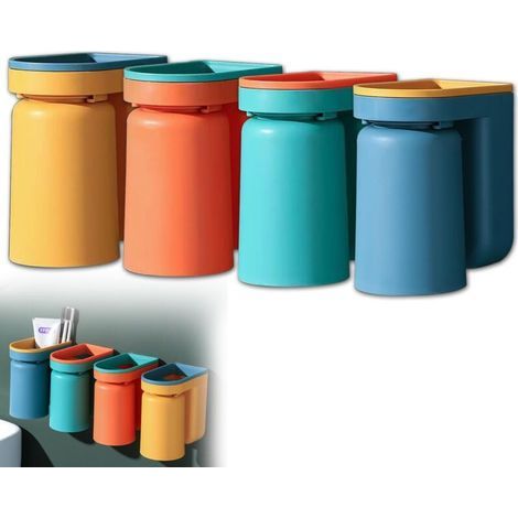 Set mit 4 wandmontierten Zahnbürstenhaltern mit Becher, 2-in-1-Funktion, umgekehrtes Design für einfache Reinigung und Wasserablauf, selbstklebender Zahnbürstenhalter fürs Badezimmer