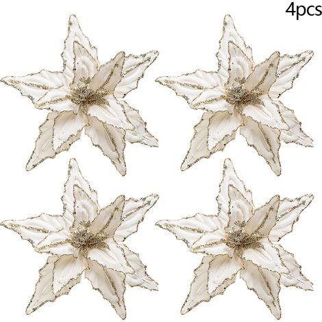 Lot de 4 fleurs artificielles en velours blanc de 26 cm, ornements de fleurs à paillettes pour sapin, idéal pour fêtes, mariages et festivals. (1/3)