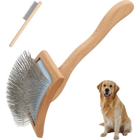 Hunde- und Katzenbürsten- und Kammset – 2-teilig – Holz und Stahl – Entwirrung der Unterwolle – Für langhaarige Rassen – Ergonomischer Griff (1/5)