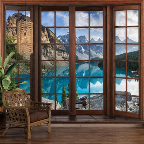 Papier peint panoramique Trompe l'oeil Fenêtre en bois - Lac Montagnes - 195 cm x 156 cm (1/5)