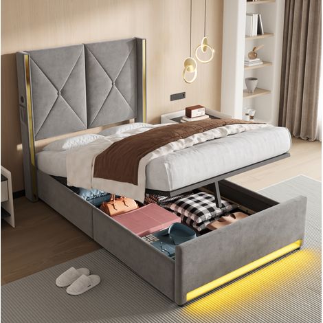 Lit coffre 90/200 cm gris foncé en velours avec tête de lit haute et éclairage intégré (1/5)