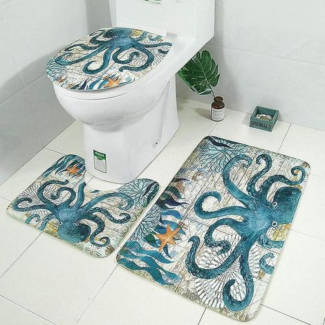 Set aus 3 Badematten mit maritimen Motiven, rutschfester Unterseite und WC-Sitzbezug (1/5)