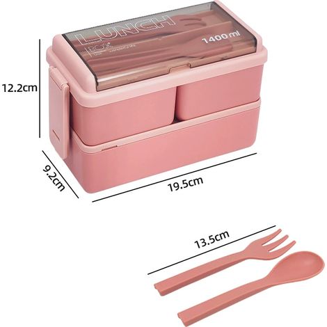Boîte à lunch Lychico 1400ml, bento 2 étages 3 compartiments avec couverts, étanche et empilable, gamelle japonaise pour adultes enfants étudiants, récipient repas micro-ondes et lave-vaisselle. (1/5)