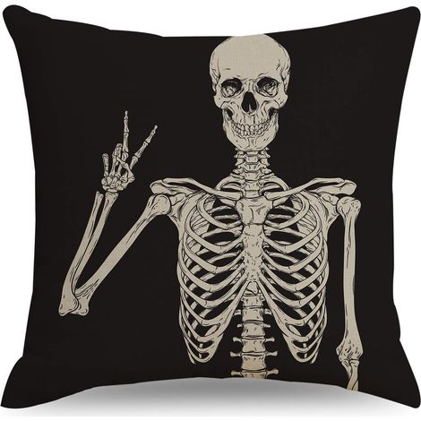 Housse de coussin décorative en lin noir avec motif tête de mort - Pour canapé, lit, voiture, chaise, salon - 45 x 45 cm (1/4)