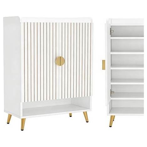 Mueble zapatero independiente de madera blanca y metal dorado, 7 baldas, 75 x 37 x 110 cm (1/5)