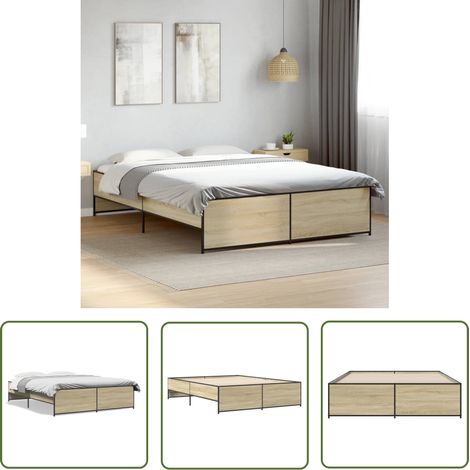 The Living Store Bettgestell Sonoma-Eiche 160x200 cm Holzwerkstoff und Metall - Holzbetten - Doppelbett - Bettkasten - Lattenrost - Schlafzimmermöbel (1/5)