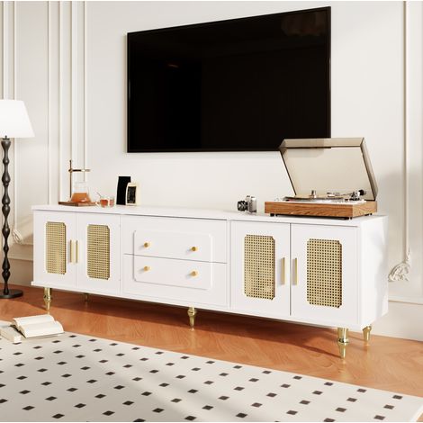 MEUBLIV Mobile TV 175 cm bianco – 4 ante effetto rattan, 2 cassetti push-to-open (1/5)