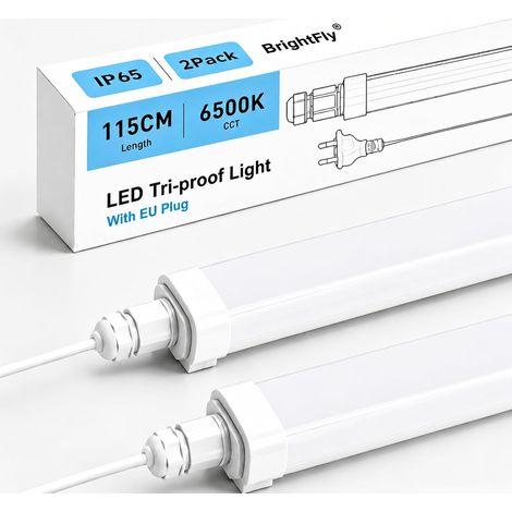 Lot de 2 Réglette LED 120 cm avec Prise EU, 6500K Blanc Froid IP65 Étanche 30W 3420LM Neon Tube, Sans Scintillement, Plafonnier LED pour Garage, Cave, Atelier et Entrepôt (1/5)