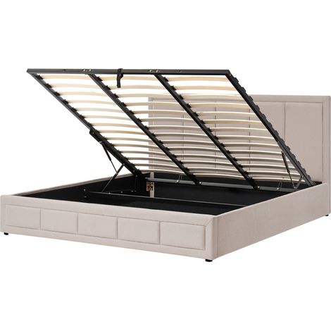 Cama con almacenaje minimalista cabecero tapizado tela base elevable con somier de láminas diseño acolchado beige 180 x 200 cm Quiberon