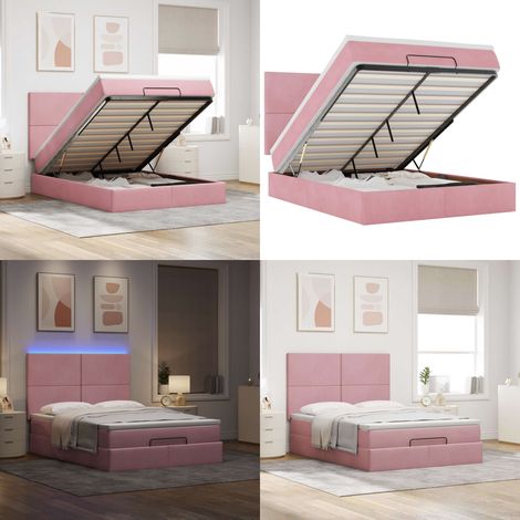 Struttura Letto Pouf con Materassi Rosa 140x190 cm in Velluto - Materasso a molle insacchettate - Letto con testiera