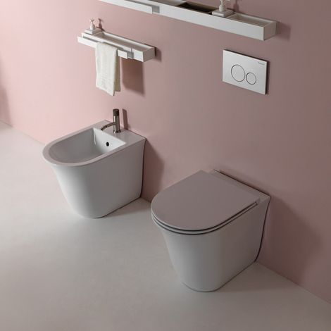 Coppia Sanitari WC + Bidet - Mod. FLUT - Filo Muro a Terra - WC Senza Brida con Scarico Smart Clean - Senza Copri WC (1/5)
