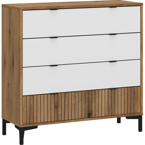 Kommode Eiche mit weiß und Lamellenoptik RISBY-129, 4 Schubladen (1/5)