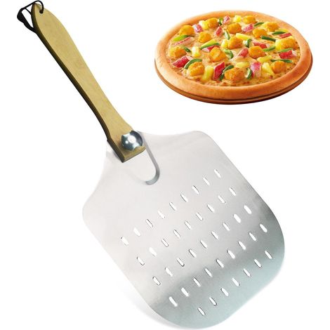 Pala para pizza de acero inoxidable de 30,5 cm con mango de madera maciza, para pizza, pasteles, pan y tartas. (1/4)