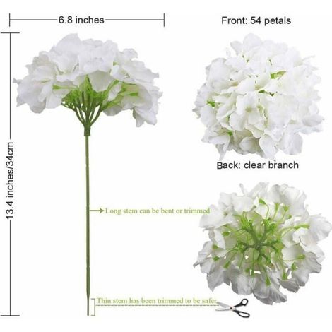 Hortensia Artificiel - Tige En Plastique Souple - Pour Décoration Mariage Bureau Fête Centre De Table - Blanc - Lot De 12 (1/4)
