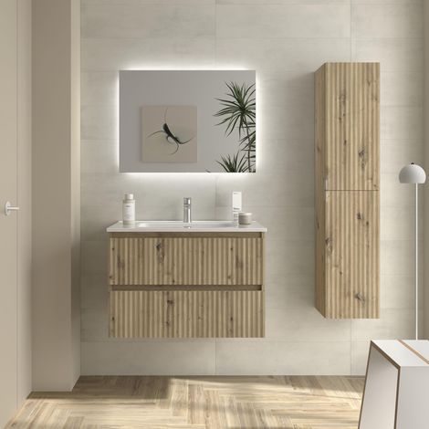 Mueble de Baño KIRA 80cm Roble 2 cajones Lavabo 1 poza Porcelana (1/5)
