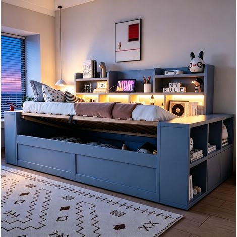 Divano letto 90x200 cm in legno grigio, vano idraulico, LED, senza materasso – MEUBLIV (1/5)